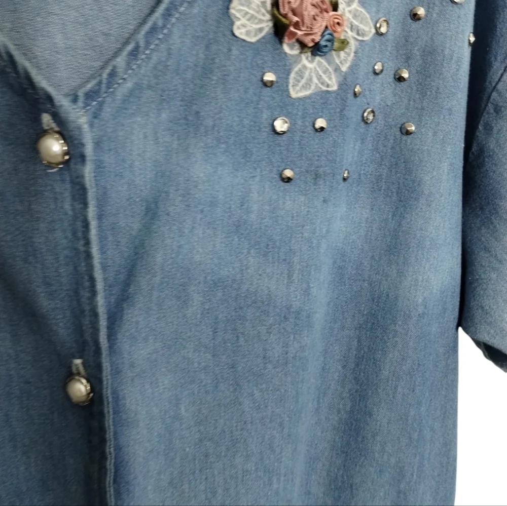 Vintage 80's 2X Spot Light Floral Embellished Cottagecore Grannycore Denim Dress
